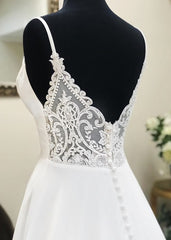 Wedding Dress Cheaper, A Line V Neck White Wedding Dresses with Sweep Train, White Formal Evening Prom Dresses