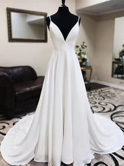 Wedding Dresses Cheaper, A Line V Neck White Wedding Dresses with Sweep Train, White Formal Evening Prom Dresses
