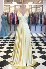 Bridesmaid Dresses Velvet, A Line V Neck Yellow Long Prom Dresses, Yellow Long Backless Formal Evening Dresses