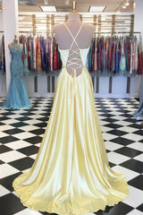 Bridal Dress, A Line V Neck Yellow Long Prom Dresses, Yellow Long Backless Formal Evening Dresses
