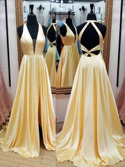Semi Dress, A Line V Neck Yellow Satin Long Prom Dresses, V Neck Backless Yellow Formal Evening Dresses