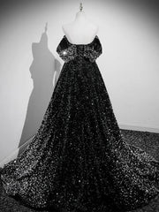 Formal Dresses Summer, A-Line Velvet Sequin Long Black Prom Dress, Black Long Evening Dress