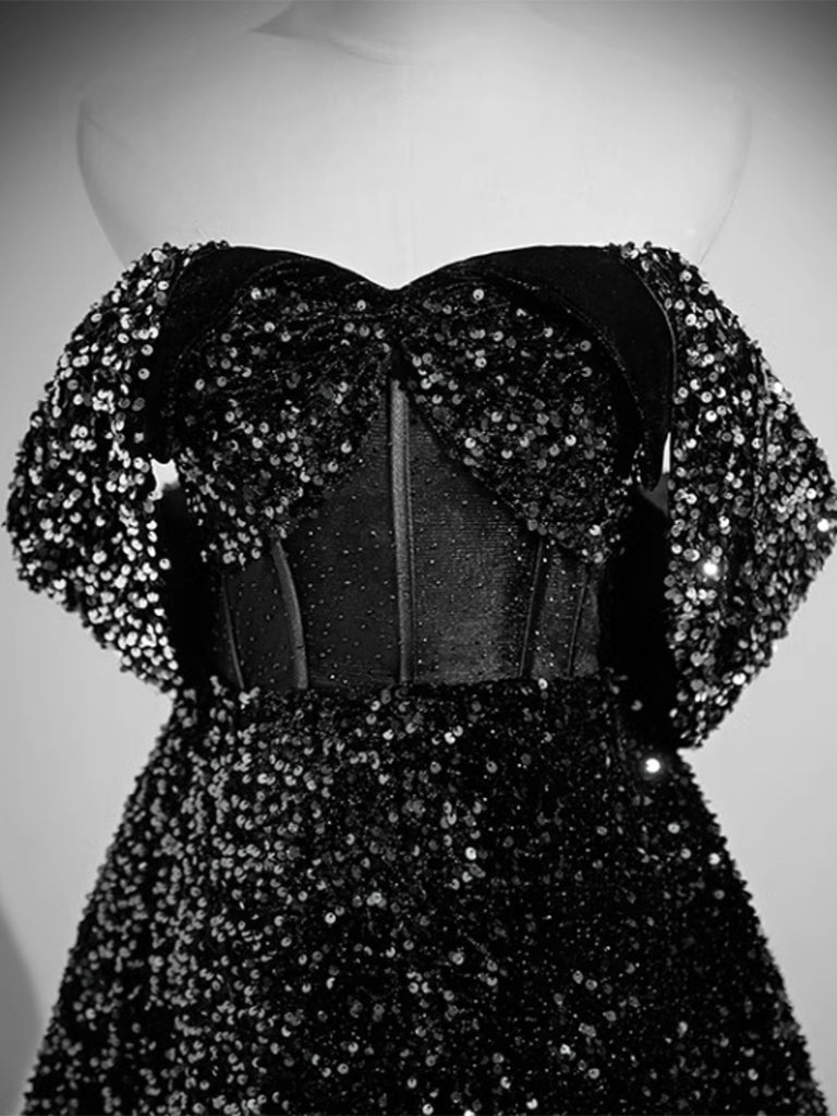 Formal Dresses For Woman, A-Line Velvet Sequin Long Black Prom Dress, Black Long Evening Dress
