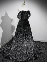 Formal Dress For Woman, A-Line Velvet Sequin Long Black Prom Dress, Black Long Evening Dress