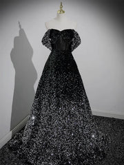 Formal Dress Summer, A-Line Velvet Sequin Long Black Prom Dress, Black Long Evening Dress