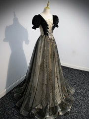 Wedding Decor, A line Velvet Tulle Lace Black Long Prom Dress, Black Formal Graduation Dresses