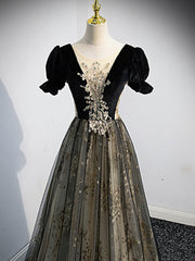Long Sleeve Wedding Dress, A line Velvet Tulle Lace Black Long Prom Dress, Black Formal Graduation Dresses