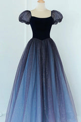 Homecoming Dresses Blue, A-Line Velvet Tulle Long Prom Dress, Cute Short Sleeve Evening Party Dress