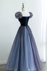 Homecoming Dress 2025, A-Line Velvet Tulle Long Prom Dress, Cute Short Sleeve Evening Party Dress