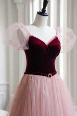 Homecoming Dress Sparkles, A-Line Velvet Tulle Long Prom Dress, Pink Short Sleeve Formal Evening Dress