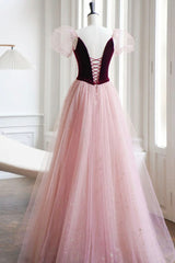 Homecoming Dress Sparkle, A-Line Velvet Tulle Long Prom Dress, Pink Short Sleeve Formal Evening Dress