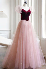 Homecoming Dresses Sparkle, A-Line Velvet Tulle Long Prom Dress, Pink Short Sleeve Formal Evening Dress
