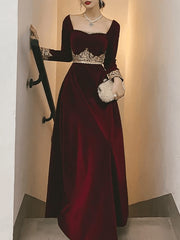 Party Dress Sleeves, A-Line Vintage Formal Velvet Evening Dress with Appliques,Long Sleeve Dinner Dresses