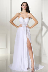 Prom Dresses Gold, A-line White Evening Dresses Straps Chiffon Long Formal Dresses