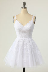 Prom Dresses Black Girl, A-line White Lace Appliques Short Prom Dress