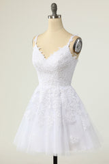 Prom Dress Black Girl, A-line White Lace Appliques Short Prom Dress