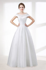 Wedding Dress For Over 58, A-Line White Satin Lace Off The Shoulder Wedding Dresses