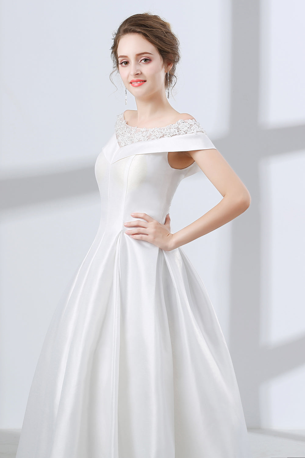 Wedsing Dress Off The Shoulder, A-Line White Satin Lace Off The Shoulder Wedding Dresses