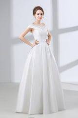 Wedding Dress A Line Sleeves, A-Line White Satin Lace Off The Shoulder Wedding Dresses