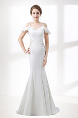 Formal Dress Shops Near Me, A-Line White Satin Short Sleeve Off the Shoulder Prom Dresses