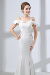 Formal Dresses For Weddings Near Me, A-Line White Satin Short Sleeve Off the Shoulder Prom Dresses