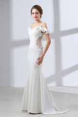 Formal Dressed Long, A-Line White Satin Short Sleeve Off the Shoulder Prom Dresses