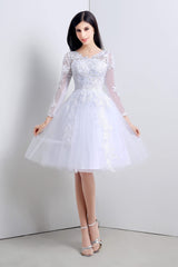 Formal Dresses Homecoming, A-Line White Tulle Appliques Long Sleeve Homecoming Dresses