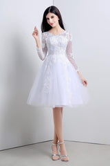 Formal Dresses With Sleeve, A-Line White Tulle Appliques Long Sleeve Homecoming Dresses