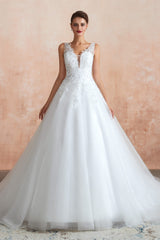 Wedding Dress Southern, A-line with Sequined Appliques Tulle Illusion Back Wedding Dresses