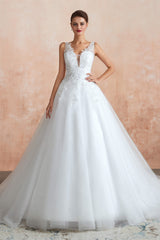 Wedding Dresses A Line Romantic, A-line with Sequined Appliques Tulle Illusion Back Wedding Dresses