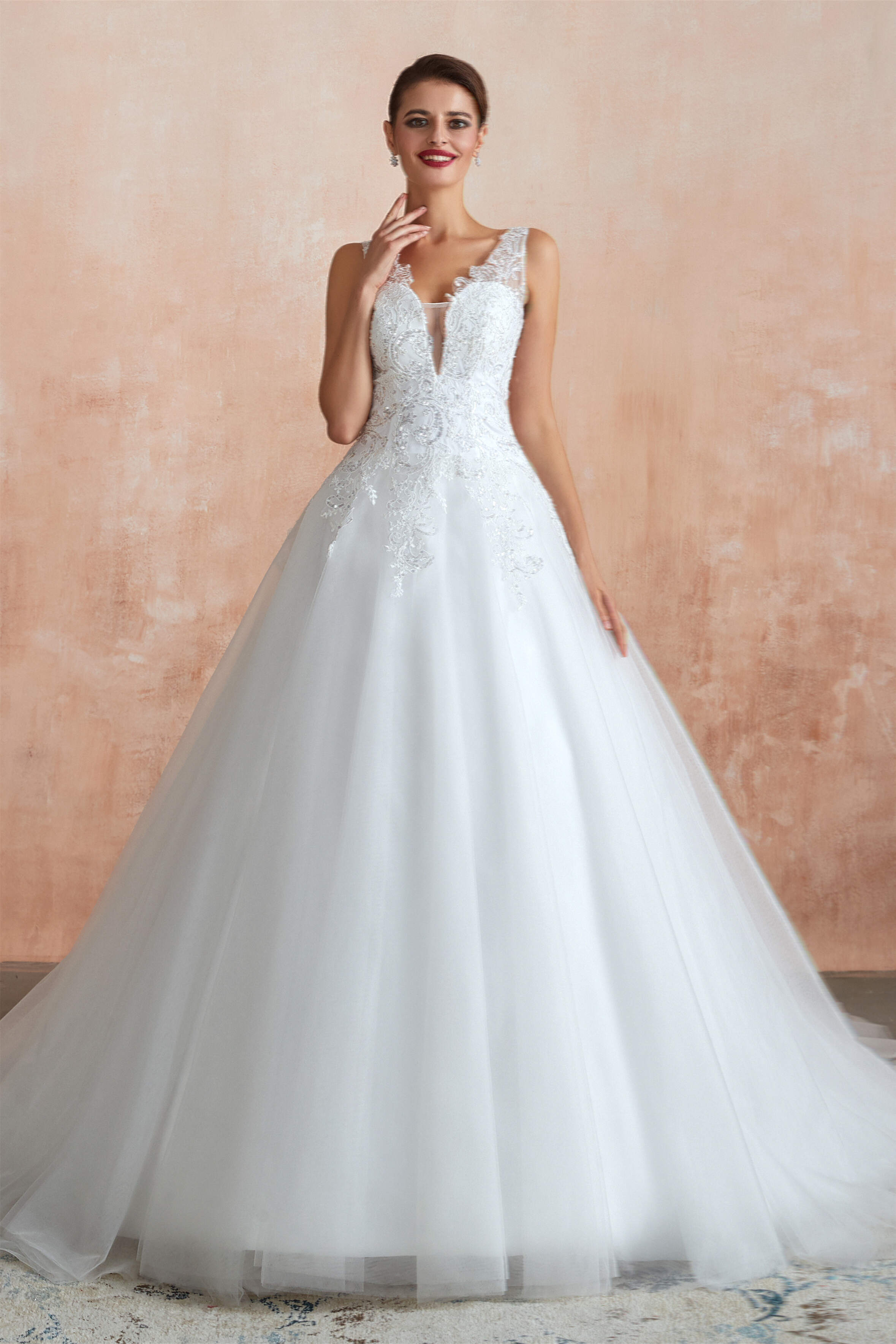 Wedding Dress Country, A-line with Sequined Appliques Tulle Illusion Back Wedding Dresses