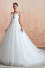 Wedding Dresses Country, A-line with Sequined Appliques Tulle Illusion Back Wedding Dresses