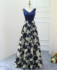 Bridesmaid Dress Blush Pink, Stylish Dark Blue A Line V Neck Long Prom Dress, Dark Blue Evening Dress