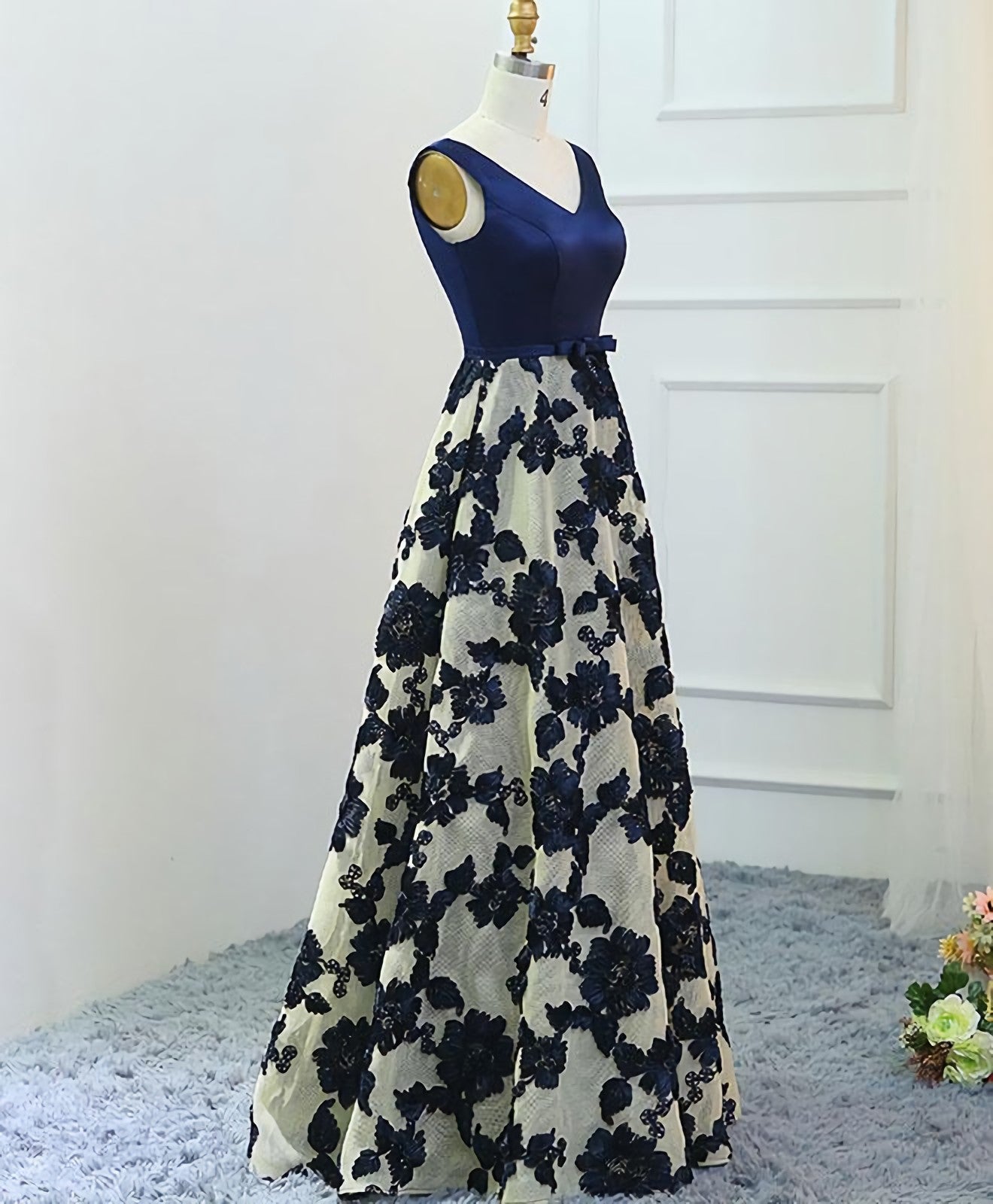 Elegant Wedding Dress, Stylish Dark Blue A Line V Neck Long Prom Dress, Dark Blue Evening Dress