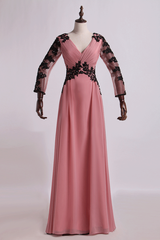 Evening Dress Elegant Classy, Dusty Pink Chiffon Long Sleeve Mother of the Bride Dress with Appliques