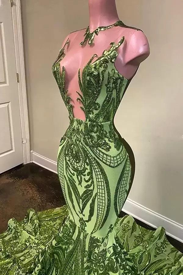 Bridesmaid Dress Color Scheme, Exquisite Green V-neck Sequins Sleeveless Floor-length Mermaid Prom Dresses