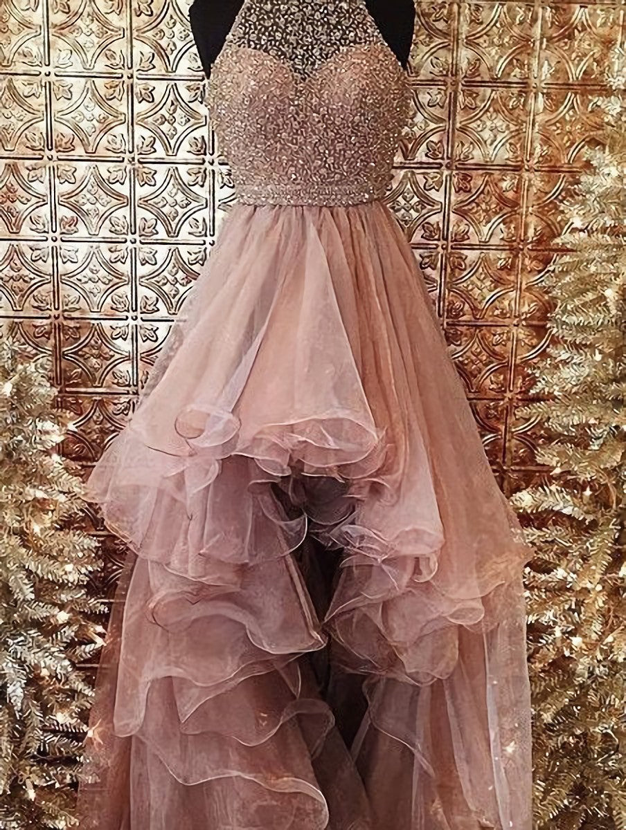 Formal Dress Stores, 2024 Glamorous Pink Beading Layers Asymmetrical Tulle Prom Dresses
