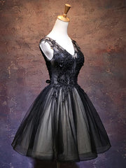 Formal Dress Styles, Adorable Black V-neckline Lace and Tulle Party Dress, Short Prom Dress