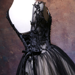 Formal Dresses With Sleeves, Adorable Black V-neckline Lace and Tulle Party Dress, Short Prom Dress