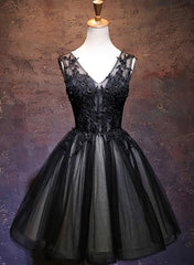 Formal Dress Style, Adorable Black V-neckline Lace and Tulle Party Dress, Short Prom Dress