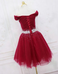 Chiffon Dress, Adorable Dark Red Homecoming Dress , Tulle Off the Shoulder Party Dress