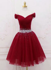 Ethereal Dress, Adorable Dark Red Homecoming Dress , Tulle Off the Shoulder Party Dress