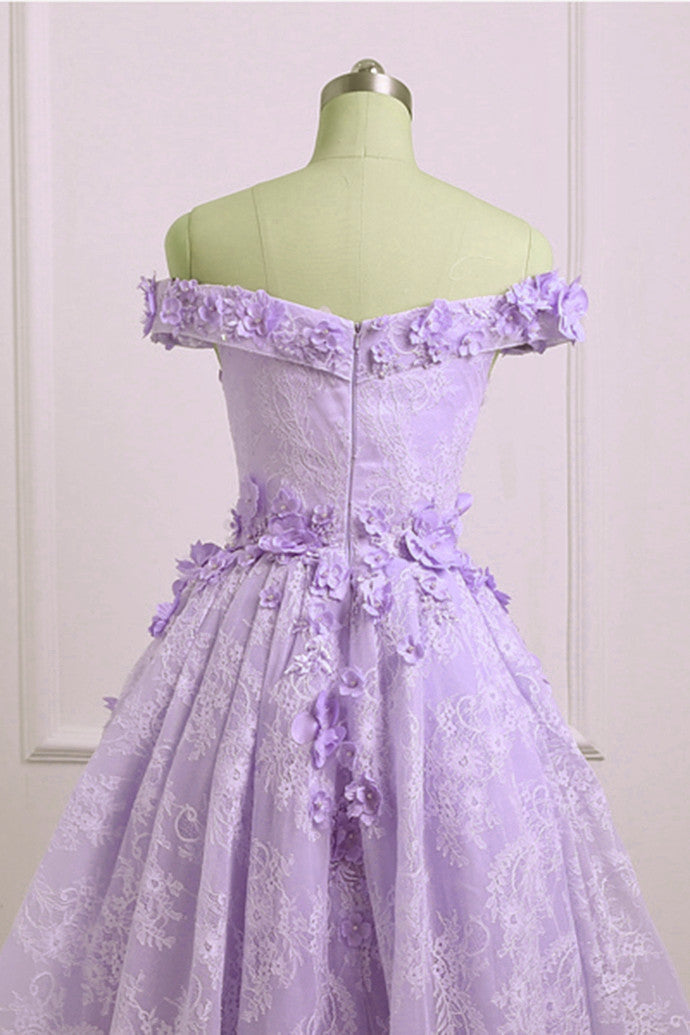 Short Wedding Dress, Adorable Lace Light Purple High Low Homecoming Dress, Cute Sweetheart Prom Dress