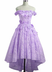 Sage Green Wedding, Adorable Lace Light Purple High Low Homecoming Dress, Cute Sweetheart Prom Dress