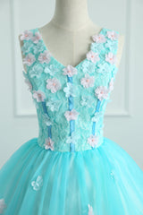Prom Dress Design, Adorable Light Blue Tulle with Flowers Floor Length Ball Gown Formal Dress, Blue Sweet 16 Dresses