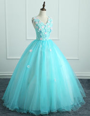Prom Dresses Designer, Adorable Light Blue Tulle with Flowers Floor Length Ball Gown Formal Dress, Blue Sweet 16 Dresses