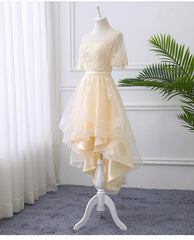 Prom Dress Graduacion, Adorable Light Champagne High Low Party Dress with Lace Applique, Short Homecoming Dress