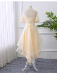 Prom Dress 3 5 Sleeves, Adorable Light Champagne High Low Party Dress with Lace Applique, Short Homecoming Dress