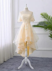 Prom Dresses 2022 Short, Adorable Light Champagne High Low Party Dress with Lace Applique, Short Homecoming Dress