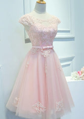 Slip Dress, Adorable Pink Knee Length Party Dress, Lace Applique Cute Homecoming Dress